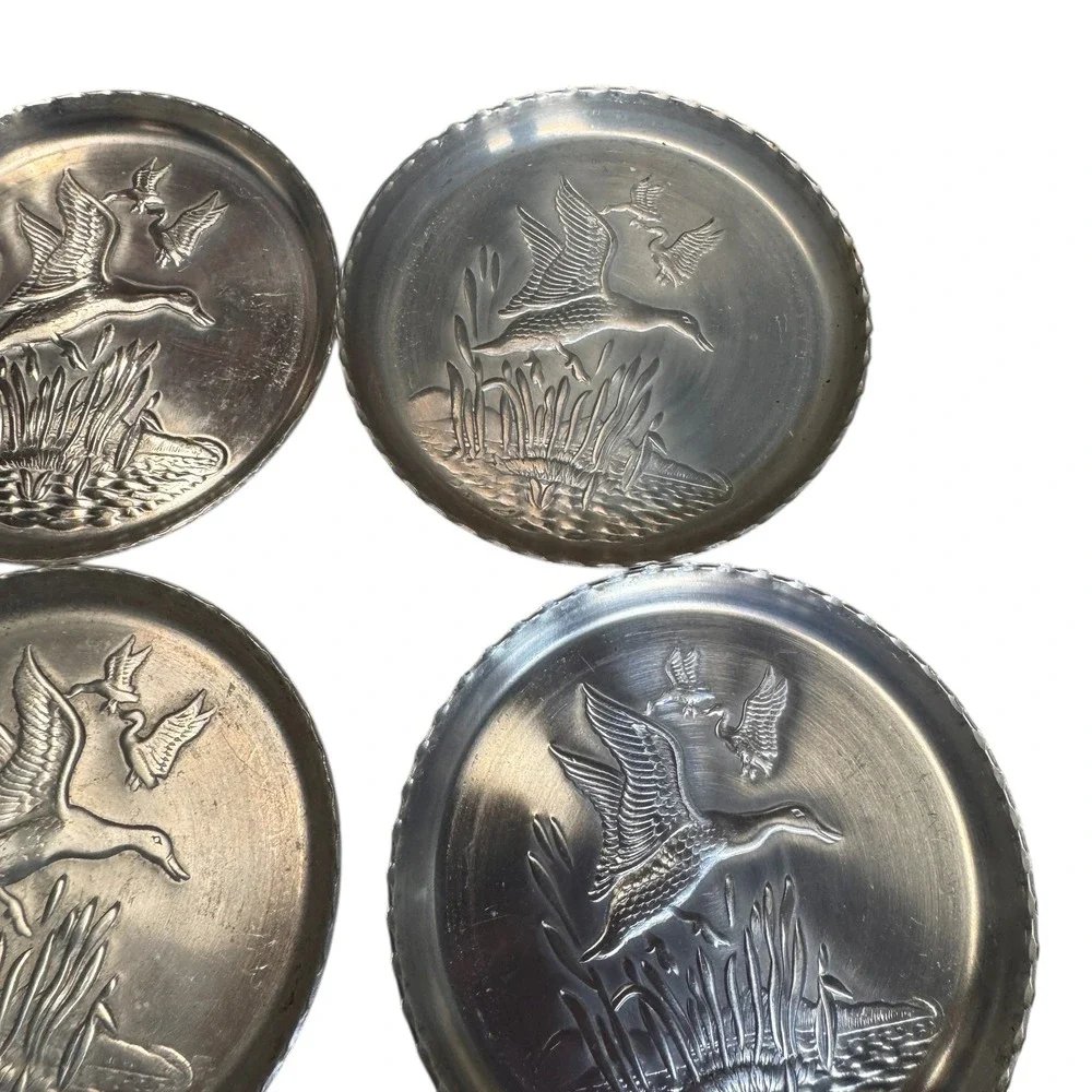 Vintage Pewter Coasters‎ Set of 7 Birds Geese Duck Crane Swan Embossed Drinkware